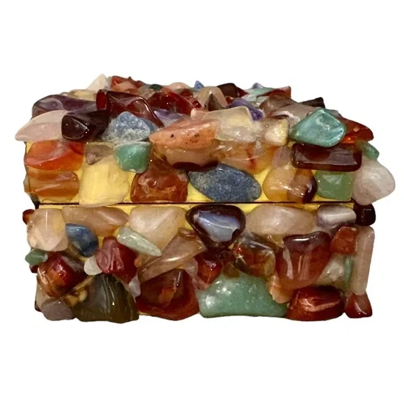Colored Gemstones on Wooden Trinket Box with A Red Lined Interior Jewelry Box